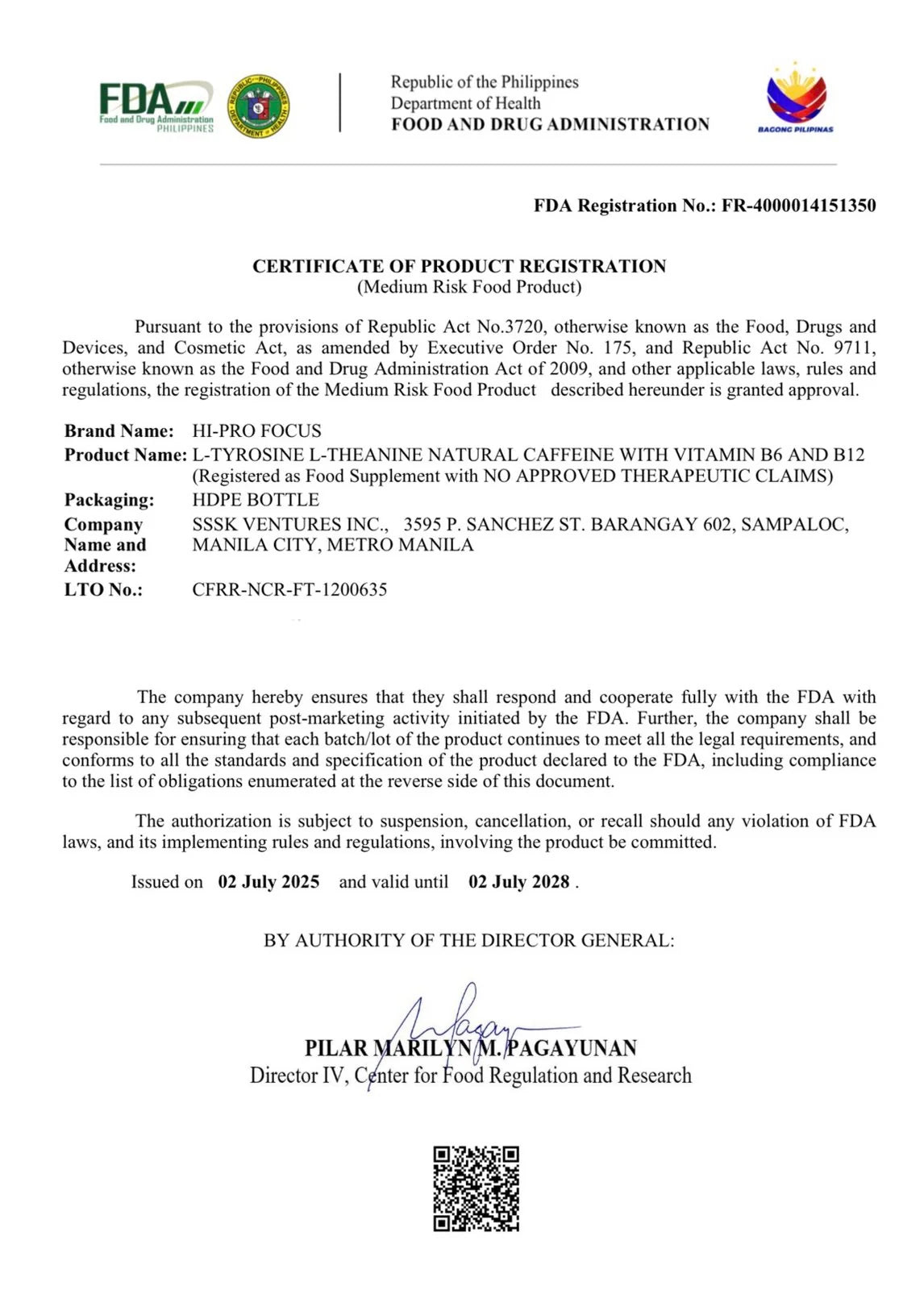 Hi-Pro Focus FDA registration certificate